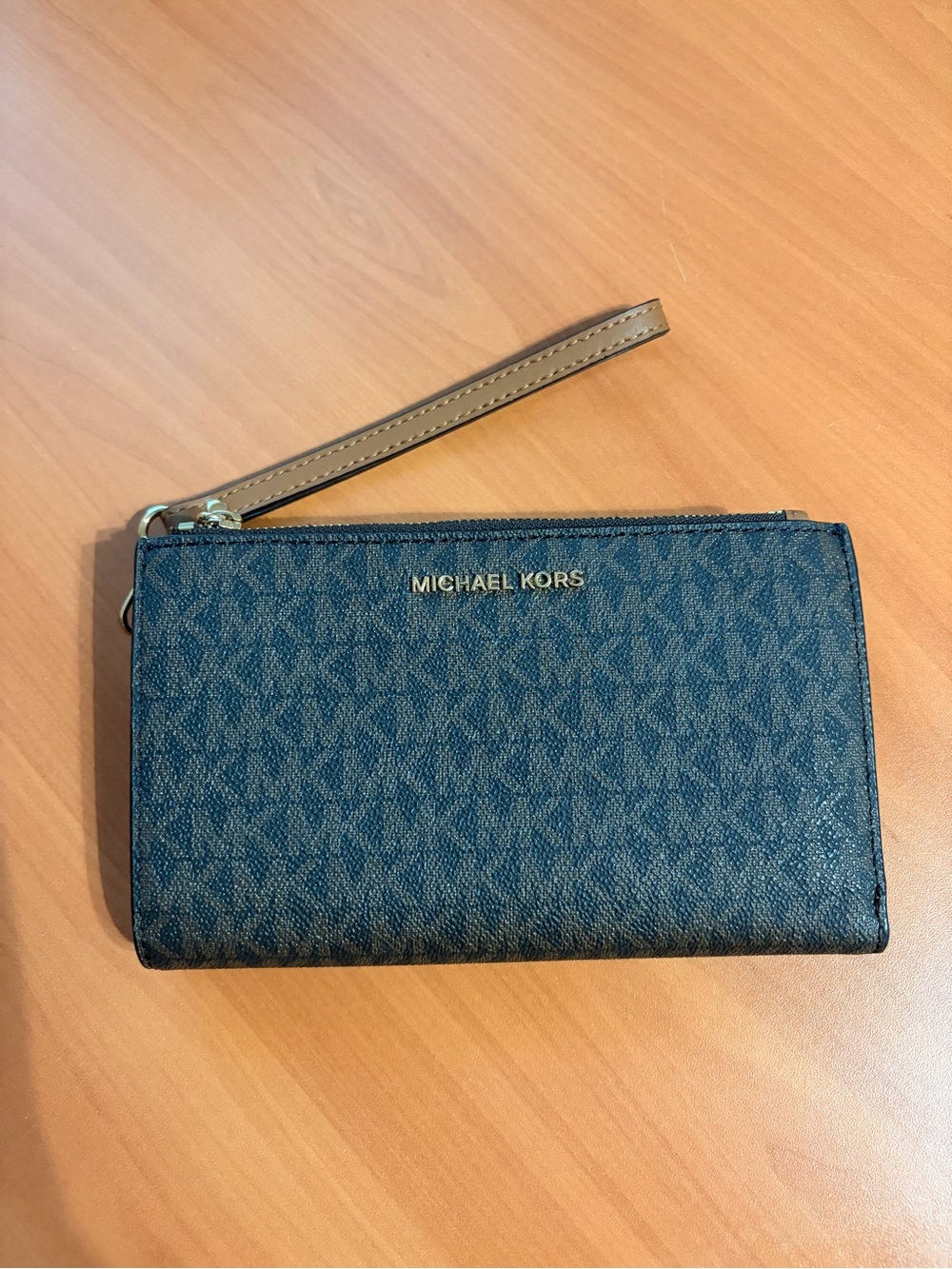 Michael Kors Brown and Tan Monogram Double Zip Wristlet with Gold Logo. NWT